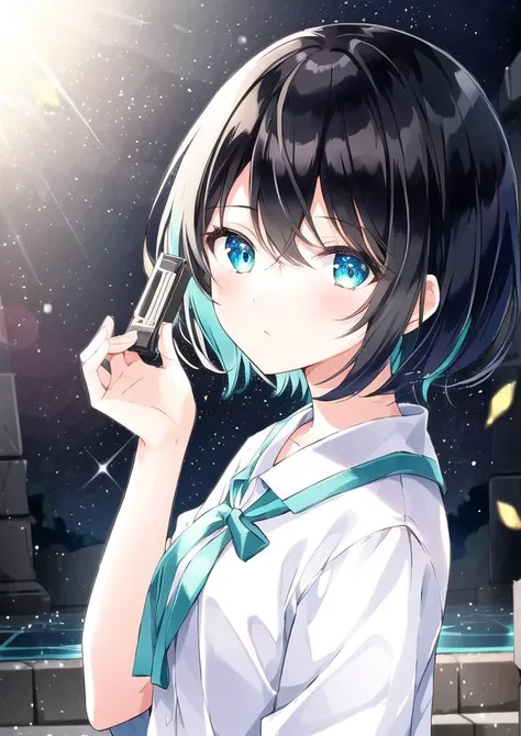 1girl, black hair, short hair, multicolored eyes, aqua eyes, sad, ancient greece, warm colors, night, warm colors, fireflies, shooting stars, lens flare, masterpiece, best quality, high quality, multicolored eyes