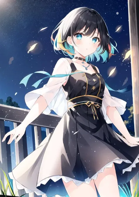 1girl, black hair, short hair, multicolored eyes, aqua eyes, sad, ancient greece, warm colors, night, warm colors, fireflies, shooting stars, lens flare, masterpiece, best quality, high quality, multicolored eyes, teenage, female teen, medium breasts