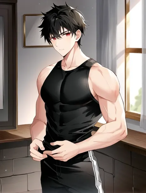 1boy, muscular, muscular, teen bodybuilder, teen, red eyes, medium hair, black hair, compression shirt, <lora:toughBOY_v10:0.6>, best quality, high quality, masterpiece, professional novel illustration, warm light, veins, veiny arms, veiny breasts, veiny neck, a cottage living room in background, ((teenage)), ((15-years-old)), black cargo trousers, thin