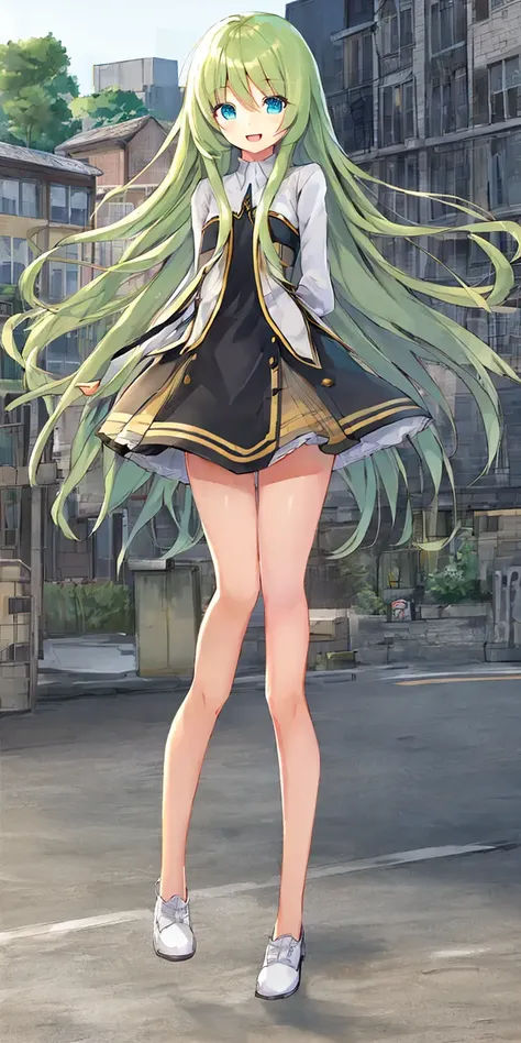 long hair:1.6, flat chest:1.5, cute, beautiful, smile, opened mouth, 1 girl is wearing a skirt with dress, standing, full body shot, looking at the viewer, detailed face, detailed eyes, shiny skin, face focus, best quality, kpop idol, big head:1.5, short body, long leg, street background with Morden buildings, normal ears, legs on the ground, arms behind back, simple clothing