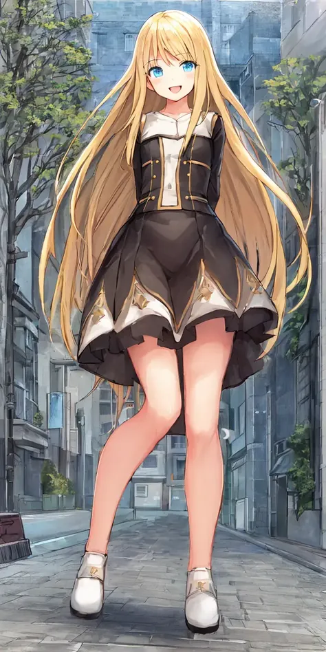 long hair:1.6, flat chest:1.5, cute, beautiful, smile, opened mouth, 1 girl is wearing a skirt with dress, standing, full body shot, looking at the viewer, detailed face, detailed eyes, shiny skin, face focus, best quality, kpop idol, big head:1.5, short body, long leg, street background with Morden buildings, normal ears, legs on the ground, arms behind back, simple clothing