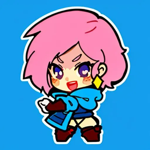 emoji, simple background, 1girl, solo, full body, white skin, outline, laugh, happy, standing, friendly emotion, (pink hair), curly hair, blue eyes, short hairs, blue jacket, white gloves, purple left earring
<hypernet:Toru8pWavenChibi_wavenchibiV10b:1>