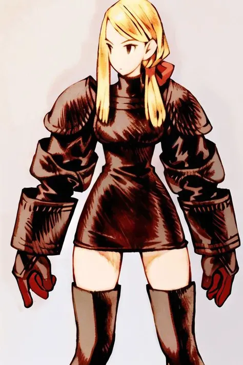 <lora:fftstyle_v1.8:0.8> 1girl, blonde hair, thigh gap, upper body, wide hips, bare legs, black armor, red skirt, hair ribbon, legs apart