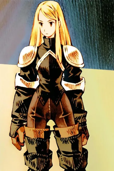 <lora:fftstyle_v1.8:0.8> 1girl, blonde hair, black armor, upper body, thigh gap, thigh boots, leotard