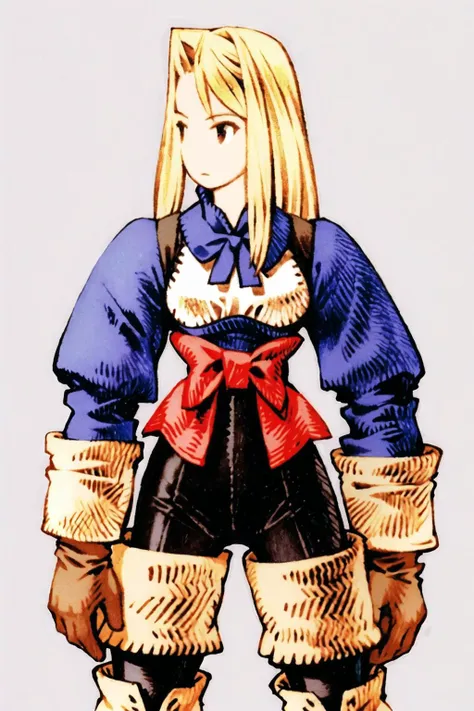 <lora:fftstyle_v1.8:0.8> 1girl, blonde hair, gloves, unitard, corset, spandex, thigh boots, sash, upper body