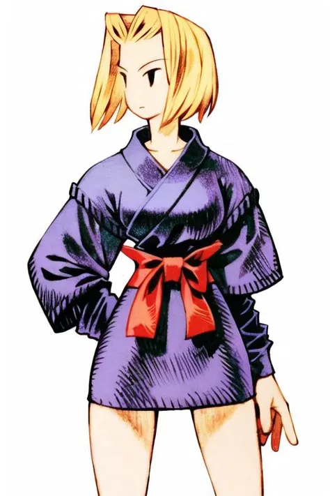 <lora:fftstyle_v1.8:0.8> 1girl, blonde hair, thigh gap, upper body, wide hips, bare legs, bob cut, miniskirt, sash, ninja,
