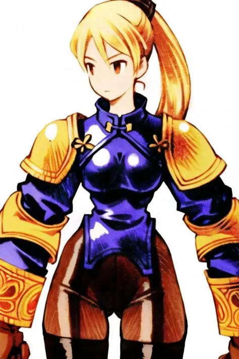 <lora:fftstyle_v1.8:0.8> 1girl, ponytail, blonde hair, black armor, thigh gap, breasts, tights,chinese clothes