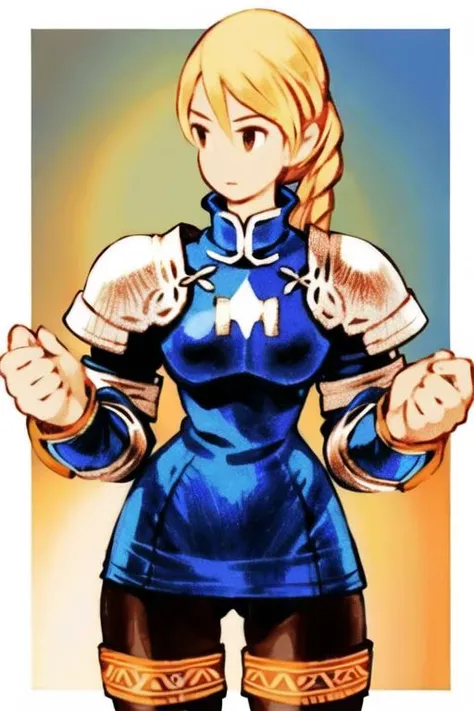 <lora:fftstyle_v1.8:0.8> 1girl, braid, blonde hair, knight, thigh gap, breasts, tights, chinese clothes