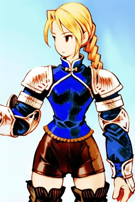 <lora:fftstyle_v1.8:0.8> 1girl, braid, blonde hair, knight, thigh gap, breasts, tights, chinese clothes