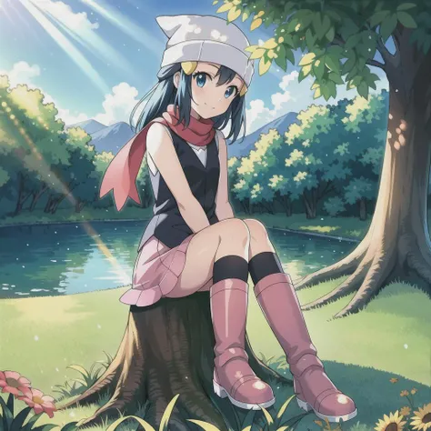 cute, 1girl, (full body), outside, forest, (lake), light smile, ((masterpiece, best quality)), detailed face, vibrant, colorful, dark hair, sky blue eyes, grass, flowers, sunrays, water, (Realistic:1.2), looking at camera, kneeboots, character_pokemon_dawn, beanie, hairclip, sleeveless shirt, skirt, kneehighs, scarf, kneeboots, <lora:character_pokemon_dawn_v4:0.5>, sitting on tree stump