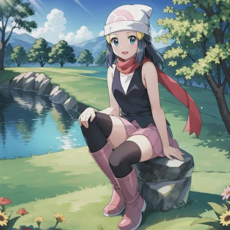 cute, 1girl, (full body), outside, forest, (lake), light smile, ((masterpiece, best quality)), detailed face, vibrant, colorful, dark hair, sky blue eyes, grass, flowers, sunrays, water, (Realistic:1.2), looking at camera, kneeboots, character_pokemon_dawn, beanie, hairclip, sleeveless shirt, skirt, kneehighs, scarf, kneeboots, <lora:character_pokemon_dawn_v4:0.5>, sitting on large rock, one leg up