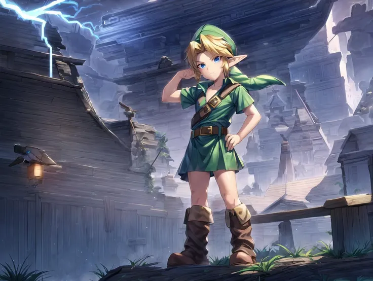 <lora:YoungLink:0.8> 1boy, belt, blonde hair, blue eyes, boots, full body, green headwear, green shirt, hand on hip, hat, link, male focus, pointy ears, short hair, solo, standing, 
  younglink,  (dark fantasy:1.4),  holding a sword over shoulder,    (perfect face:1.5)
fantasy, glowing eyes,  <lora:fantasyAI:0.57> tanjoreai, village ,  destruction, wild hair, lightning,<lora:add_detail:0.5>  <lora:3DMM_V12:0.5> 3d, realistic, HDR,  AS-YoungV2