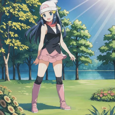 cute, 1girl, (full body), outside, forest, (lake), light smile, ((masterpiece, best quality)), detailed face, vibrant, colorful, dark hair, sky blue eyes, grass, flowers, sunrays, water, (Realistic:1.2), looking at camera, kneeboots, character_pokemon_dawn, beanie, hairclip, sleeveless shirt, skirt, kneehighs, scarf, kneeboots, <lora:character_pokemon_dawn_v4:0.5>