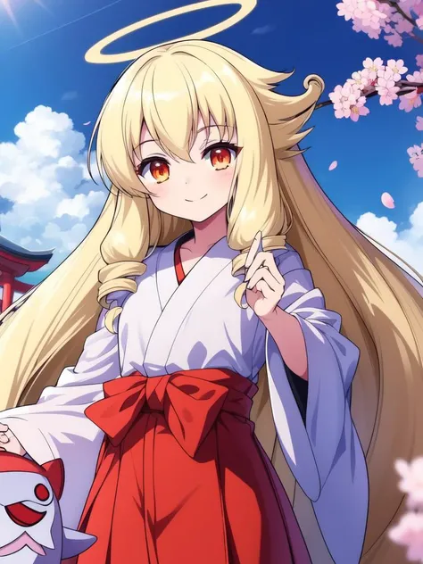 <lora:angelia_avallone:0.8>, angelia, 1girl, soro, long hair, halo, very long hair, blonde hair, orange eyes, bangs, drill hair, sky, cowboy_Shot, smile,
japanese white clothes, miko, red hakama, shrine, cherry blossom,
masterpiece, high quality, very_high_resolution, large_filesize, full color,
