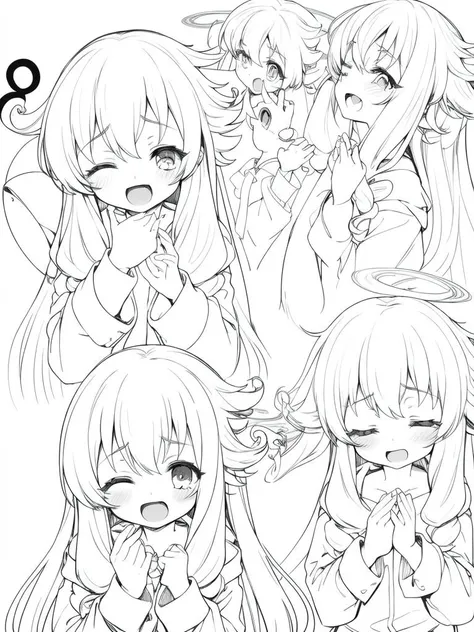 <lora:angelia_avallone:0.8>, angelia, 1girl, monochrome, greyscale, closed eyes, lineart, open mouth, smile, expressions, one eye closed, simple background, white background, multiple views, tears, upper body, blush, own hands together, :d, long sleeves, ^_^, sidelocks, object hug, sleepy, happy, rubbing eyes, looking at viewer, flipped hair, own hands clasped, :o
masterpiece, high quality, very_high_resolution, large_filesize, full color,