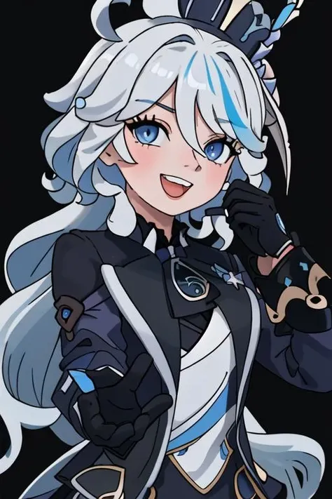 best quality, masterpiece, highres, solo, {focalors_genshin:1.15}, blue_eyes, hat, blue_hair, white_hair, hair_between_eyes, bangs, smile, bow, ahoge, multicolored_hair, long_hair, 1girl, :d, long_sleeves, looking_at_viewer, open_mouth, upper_body, jacket, shirt, black_gloves, gloves, simple_background, white_background, black_headwear, black_jacket, black_shirt, frills, hand_up, hat_bow, hat_flower, streaked_hair