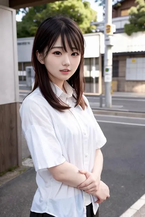 ((Best Quality, 8K, Masterpiece: 1.3)), Sharp: 1.2, Perfect Body Beauty: 1.4, Slim Abs: 1.2, ((Layered Hairstyle, Big Breasts: 1.2)), (Wet White Button Long Shirt: 1.1), (Rain, Street: 1.2), Wet: 1.5, Highly detailed face and skin texture, detailed eyes, double eyelids, side face looking at the camera
