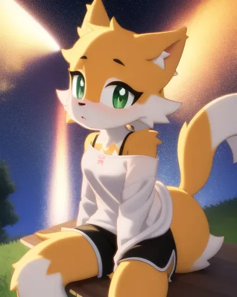 (masterpiece), (best quality), starry sky, 1girl, rolo, furry, body fur, tail, green_eyes, solo, animal nose, outdoors, white shirt, bra strap, shorts,  <lora:rolo_v1:1>