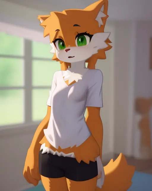 (masterpiece), (best quality), 1girl, rolo, furry, body fur, tail, green_eyes, solo, shirt, shorts, thighhighs, <lora:rolo_v1:1>