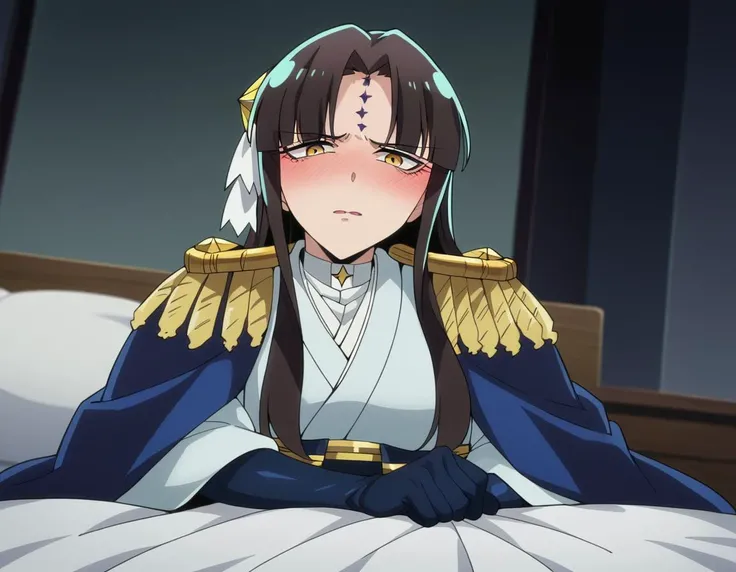 score_9, score_8_up, score_7_up, source_anime,
michikotanaka, <lora:michiko-tanaka-ponyxl-lora-nochekaiser:1>
michiko tanaka, long hair, black hair, yellow eyes, facial mark, forehead mark,
gloves, japanese clothes, black gloves, kimono, epaulettes,
indoors, bed, bed room, on side, blush, drunk,
looking at viewer, dutch angle, cowboy shot