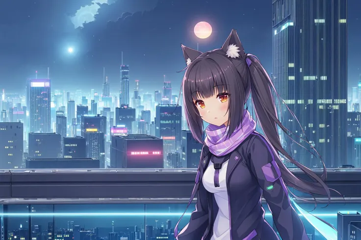 <lora:super-choko-Gnsurh-v2:0.75>,(1girl:1.6),choko(catgirl_Chocolate:1.3), (brown_long_twintails:1.4), (brown_eyes:1.2), (urban_night_setting:1.3), (modern_casual_attire:1.1), (neon_lights_reflection:1.4), (rooftop_view:1.5), (cityscape_background:1.3), (moonlit_night:1.4), (depth_of_field:1.2), (Unreal_Engine_5:1.3), (8k_resolution:1.5), (intrigued_expression:1.2), (looking_at_distant_city_lights:1.1), (beauty_of_urban_night:1.3), (adventurous_mood:1.2), (trending_on_ArtStation:1.1), (wallpaper_material:1.4), (game_CG_art:1.3), (season_autumn:1.2), (weather_crisp_and_clear:1.3), (time_of_day_midnight:1.4), (perspective_three_quarter_with_cityscape:1.3), (action_holding_a_glowing_orb:1.2), (distant_skyscrapers:1.1), (background_elements_flying_drones:1.1), (foreground_elements_glowing_neon_signs:1.4), (light_direction_moon_and_neon:1.3), (stylistic_elements_cyberpunk_and_fantasy:1.2), (implied_music_electronic_and_mystical:0.5), (mood_mysterious_and_curious:1.2), (special_effects_neon_glow_and_mystical_orb:1.3), (physical_effects_hair_and_scarf_flowing:1.1), (cultural_elements_futuristic_city:0.8), (props_holographic_tablet_and_glowing_orb:0.7), (stylistic_features_sharp_and_vibrant:1.4), (light_intensity_mixed_cool_and_warm:1.3), (color_tone_blue_and_purple_hues:1.2)