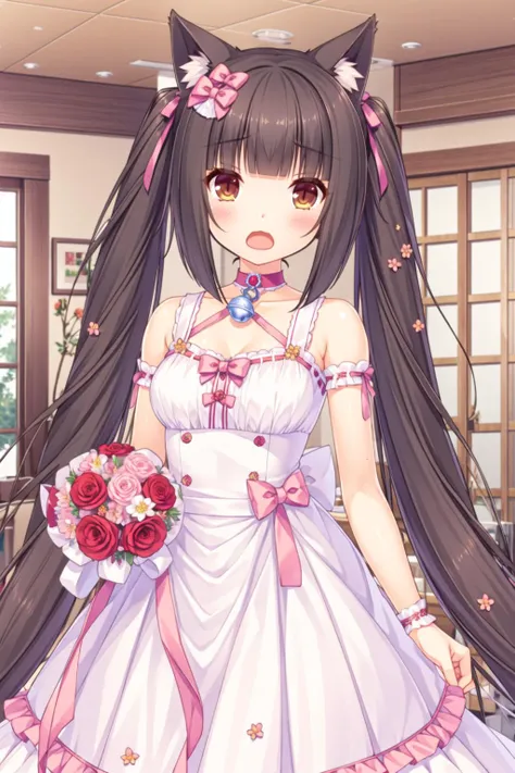 <lora:super-choko-Gnsurh-v1:0.85>,1girl, animal ears, solo, long hair, flower, dress, cat ears, twintails, bell, bouquet, open mouth, looking at viewer, white dress, very long hair, brown eyes, animal ear fluff, holding, cat girl, bangs, holding bouquet, blush, rose, indoors, neck bell, brown hair, breasts, ribbon, collar, small breasts, bow, wedding dress, sleeveless dress, hair ribbon, blunt bangs, bare shoulders, pink bow, red flower,hand_flower