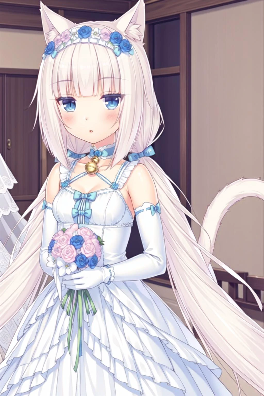 xiangcao,blue eyes,,1girl, dress, animal ears, solo, tail, flower, bell, cat ears, long hair, cat tail, blue eyes, twintails, low twintails, bouquet, gloves, white dress, white gloves, wedding dress, white hair, cat girl, looking at viewer, ribbon, bangs, jingle bell, blush, tail ornament, very long hair, hair ornament, breasts, hair flower, holding, small breasts, neck bell,(wedding_dress:1.1), <lora:super-Rh-vanilla-v4:0.9>