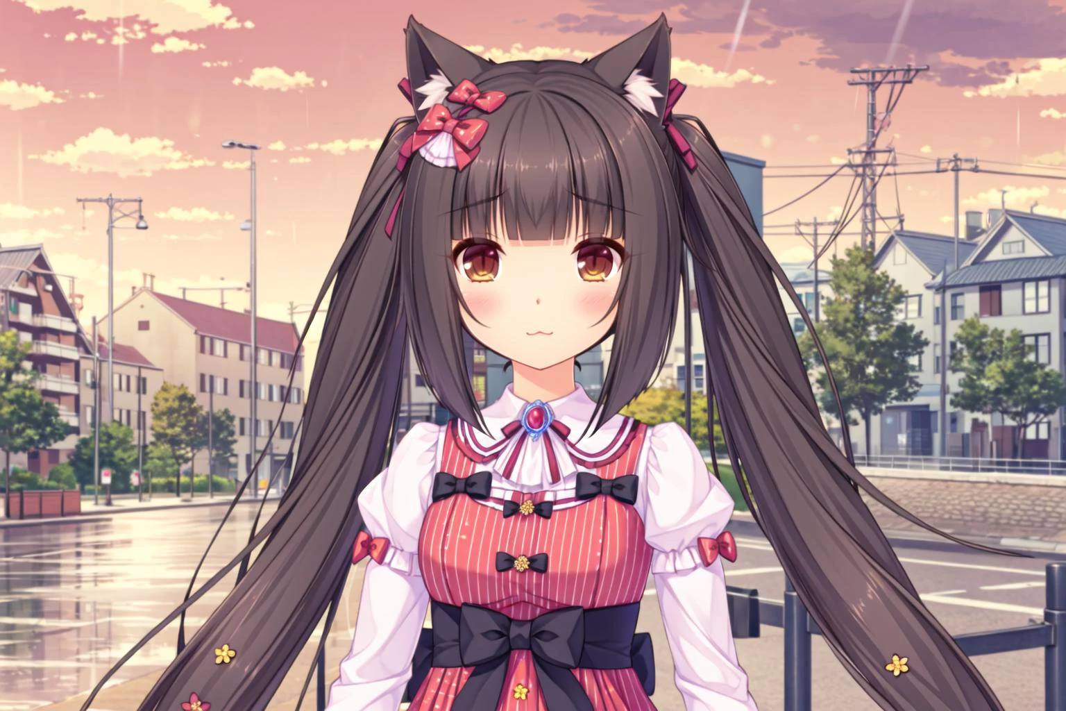 <lora:super-choko-Gnsurh-v1:1:lbw=1,1,1,1,1,0.6,0.4,1,1,1,1,0.5,0.4.4,0.4,0.4,1,1>,choko,xiangcao, brown eyes, 1girl, animal ears, tail, cat ears, cat tail, brown eyes, long hair, solo, twintails, ribbon, very long hair, black hair, bow, ^_^,(flower rain:1.2)ï¼ blush, hair ribbon, low twintails, hair bow, sunset,light sun,1girl, animal ears, solo, open eyes, long hair, , cat ears, twintails, bangs, bow, cat girl, hair bow, outdoors, blush, animal ear fluff, closed mouth, brown hair, striped bow, low twintails, very long hair, facing viewer, sky, blue bow, cloud, upper body, pink dress, dress, long sleeves, striped, sunset, frills, blunt bangs, center frills, power lines, brooch, sun, day, building, cloudy sky, sunrise, jewelry, blue sky, utility pole, railing, virtual youtuber, shirt, bridge, small breasts,raised, architecture, frilled dress, house, breasts, twitter username, gem, lamppost, sidelocks, water, snow, mountain, town, flat chest, east asian architecture, standing,,flower_sea,:3,