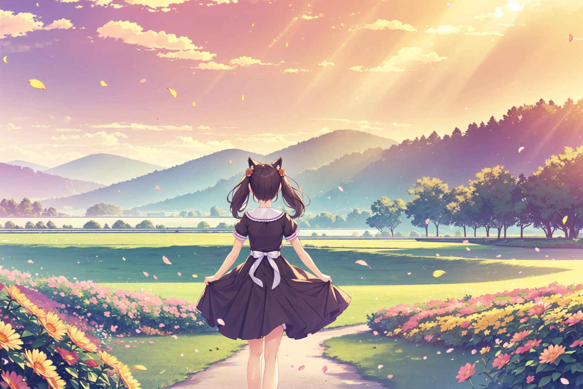 <lora:super-choko-Gnsurh-v2:0.75>,(catgirl_Chocolate:1.3), (brown_long_twintails:1.4), (brown_eyes:1.2), (standing_amidst_flower_field:1.3), (casual_summer_dress:1.1), (sunset_background:1.4), (vibrant_flower_sea:1.5), (natural_lighting:1.3), (sunrays_creating_golden_hour_effect:1.4), (depth_of_field:1.2), (Unreal_Engine_5:1.3), (8k_resolution:1.5), (dreamy_expression:1.2), (looking_towards_horizon:1.1), (beauty_of_nature:1.3), (relaxed_mood:1.2), (trending_on_ArtStation:1.1), (wallpaper_material:1.4), (game_CG_art:1.3), (season_summer:1.2), (weather_clear_with_few_clouds:1.3), (time_of_day_evening:1.4), (perspective_full_body_with_wide_scenic_view:1.3), (action_gently_touching_flowers:1.2), (distant_mountains_silhouette:1.1), (background_elements_flying_birds:1.1), (foreground_elements_vibrant_flowers:1.4), (light_direction_from_behind:1.3), (stylistic_elements_realistic_with_touch_of_fantasy:1.2), (implied_music_soothing_orchestral:0.5), (mood_peaceful_and_melancholic:1.2), (special_effects_light_particles_and_petals:1.3), (physical_effects_hair_and_dress_swaying:1.1), (cultural_elements_modern_fantasy:0.8), (props_small_handbag_and_cat_ear_headband:0.7), (stylistic_features_highly_detailed_and_vibrant:1.4), (light_intensity_soft_and_warm:1.3), (color_tone_golden_and_pastel:1.2)
