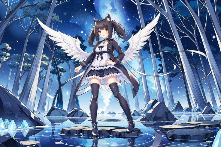 <lora:super-choko-Gnsurh-v2:0.7>,(1girl:1.3),solo,cat ears,animal ears,black hair,catgirl_Chocolate, twintails, brown_long_twintails, hazel_eyes, looking_at_viewer, leather_jacket, combat_boots, ripped_jeans, choker, confident_pose, smirking_expression, streetwise_attitude, dazzling_colors, magical_ambience, arcane_elements, landscape_artistry, light_artistry, awe_inspiring, bright_spots, chiaroscuro_effect, floating_islands, mystical_waterfalls, ancient_runestones, glowing_flora, ethereal_clouds, shimmering_lakes, whimsical_creatures, crystal_formations, magical_auroras, swirling_portals, enchanted_forests, mystical_castles, floating_magic_orbs, sparkling_dust, mysterious_caves, translucent_wings_of_creatures, moonlit_night, starlit_sky, reflective_surfaces, hovering_spellbooks, glistening_rivers, magical_bridges, luminous_mushrooms, whispering_winds, enchanted_animals, mystical_moon_phases, celestial_patterns, sorcerer_shadows, twinkling_star_paths