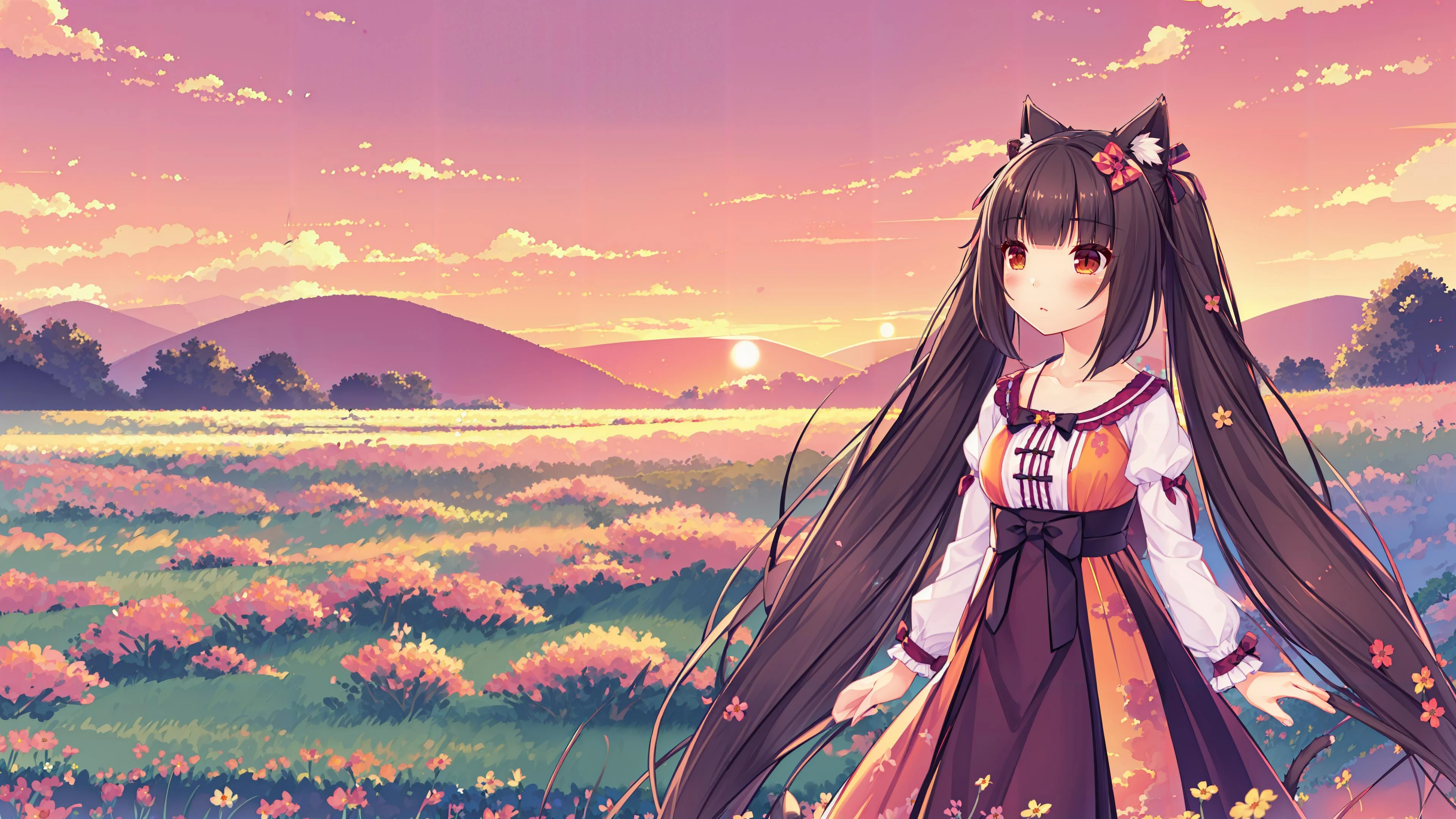 <lora:super-choko-Gnsurh-v1:0.8>,1girl, (brown_hair:1.3), (fashionable_dress:1.4), (sunset:2.0), (blooming_flowers:1.5), (aesthetic_scenery:1.8), (colorful_sky:2.0), (silhouette:1.2), (looking_away:1.1), (field_of_flowers:2.0), (hair_flowing_in_wind:1.3), (ethereal_beauty:1.6), (graceful:1.2), (illustration:1.2), (cinematic_composition:1.4), (high_definition:2.0), (8k_resolution:1.8), (cat_ears:1.1), (cat_tail: 1.1), (highly_detailed:1.6),choko,xiangcao, brown eyes, 1girl, animal ears, tail, cat ears, cat tail, brown eyes, long hair, solo, twintails, ribbon, very long hair, black hair, bow, blush, hair ribbon, low twintails, hair bow, sunset,light sun,1girl, animal ears, 1girl,