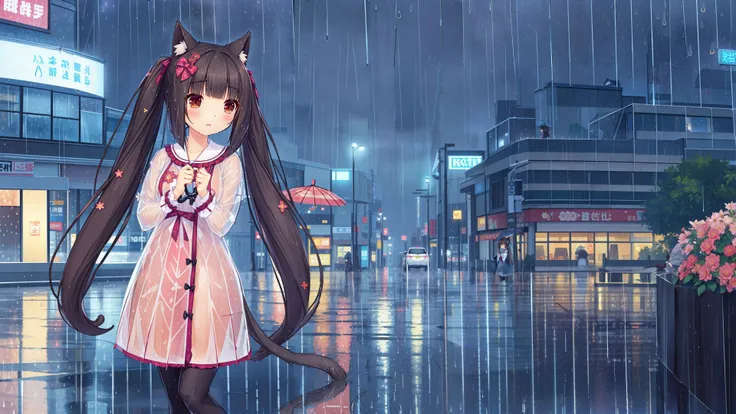 <lora:super-choko-Gnsurh-v1:0.8>,choko,xiangcao, brown eyes, 1girl, animal ears, tail, cat ears, cat tail, brown eyes, long hair, solo,  twintails, ribbon, very long hair, black hair, bow, ^_^,(flower rain:1.2) blush, hair ribbon, low twintails, hair bow, sunset,light sun,1girl, animal ears, 1girl, (brown_hair:1.2), (fashionable_outfit:1.3), (standing_in_rain:1.5), (city_street:1.4), (heavy_rain:1.8), (transparent_umbrella:1.8), (rain_on_umbrella:1.5), (puddles:1.2), (window_reflections:1.3), (night_city:1.4),  (neon_lights:1.2), (light_trails:1.1), (contemplative_expression:1.2), (aesthetic_mood:1.2), (minimalist_composition:1.4), (cinematic_lighting: 1.3), (high_resolution:1.5), (illustration:1.1), (cat_ears: 1.1), (cat_tail:1.1)