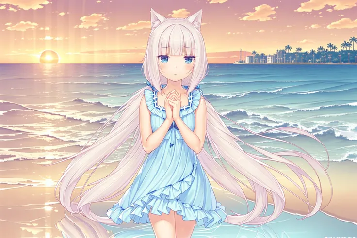 <lora:super-Rh-vanilla-v2:1>,1girl,solo,low twintails, very long hair, cat ears, animal ear fluff, animal ears, goodhand,Perfect hand,
(catgirl_Vanilla:1.3), (white_long_twintails:1.4), (blue_eyes:1.5), (seaside_cliff_setting:1.6), (flowing_sundress:1.7), (gazing_at_horizon:1.8), (ocean_breeze:1.4), (sunset_glow:1.3), (depth_of_field:1.5), (Unreal_Engine_5:1.3), (8k_resolution:1.5), (contemplative_expression:1.6), (beauty_of_natural_landscape:1.3), (reflective_mood:1.2), (trending_on_ArtStation:1.1), (wallpaper_material:1.4), (game_CG_art:1.3), (season_spring:1.2), (weather_calm_evening:1.3), (time_of_day_golden_hour:1.4), (light_direction_from_sunset:1.5), (stylistic_elements_realistic_and_serenity:1.6), (implied_music_gentle_waves:0.5), (mood_peaceful_and_dreamy:1.2), (special_effects_sunlight_reflections:1.7), (physical_effects_hair_and_dress_flowing_with_wind:1.1), (cultural_elements_seaside_reverie:0.9), (props_delicate_flower_in_hand:0.8), (stylistic_features_soft_and_majestic:1.4), (light_intensity_golden_and_mellow:1.3), (color_tone_oranges_and_blues:1.2)