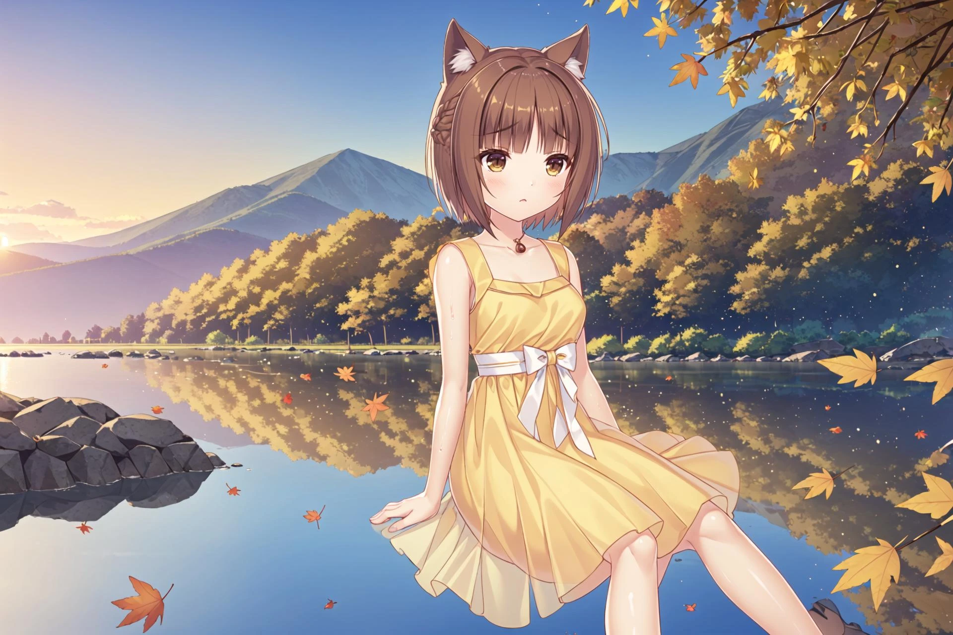 <lora:super-azuki-update-RHsu-ver6:0.7>,1girl,(solo:1.4),(catgirl_Hongdou:1.3), (brown_short_hair:1.4), (twin_small_braids:1.5), (brown_eyes:1.2), (cat_ears:1.3), (yellow_dress:1.4), (sitting_by_lake:1.3), (sunset_reflection:1.4), (mountain_background:1.5), (natural_lighting:1.3), (golden_hour:1.4), (depth_of_field:1.2), (Unreal_Engine_5:1.3), (8k_resolution:1.5), (content_expression:1.2), (looking_at_floating_yellow_leaves:1.1), (beauty_of_nature:1.3), (peaceful_mood:1.2), (trending_on_ArtStation:1.1), (wallpaper_material:1.4), (game_CG_art:1.3), (season_autumn:1.2), (weather_calm:1.3), (time_of_day_evening:1.4), (perspective_three_quarter_with_lake_view:1.3), (action_gently_touching_water:1.2), (distant_pine_trees:1.1), (background_elements_flying_birds:1.1), (foreground_elements_yellow_autumn_leaves:1.4), (light_direction_from_behind:1.3), (stylistic_elements_soft_and_dreamy:1.2), (implied_music_gentle_acoustic:0.5), (mood_reflective_and_serenade:1.2), (special_effects_light_particles_and_leaf_swirls:1.3), (physical_effects_dress_and_hair_swaying:1.1), (cultural_elements_traditional_meets_modern:0.8), (props_yellow_ribbon_and_anklet:0.7), (stylistic_features_delicate_and_detailed:1.4), (light_intensity_soft_and_warm:1.3), (color_tone_golden_and_brown:1.2)