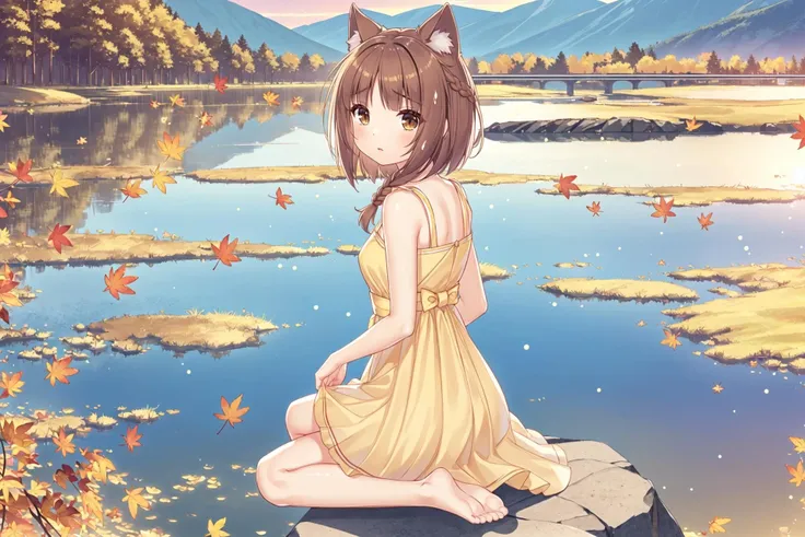 <lora:super-azuki-update-RHsu-ver6:0.7>,1girl,(solo:1.4)(catgirl_Hongdou:1.3), (brown_short_hair:1.4), (twin_small_braids:1.5), (brown_eyes:1.2), (cat_ears:1.3), (yellow_dress:1.4), (sitting_by_lake:1.3), (sunset_reflection:1.4), (mountain_background:1.5), (natural_lighting:1.3), (golden_hour:1.4), (depth_of_field:1.2), (Unreal_Engine_5:1.3), (8k_resolution:1.5), (content_expression:1.2), (looking_at_floating_yellow_leaves:1.1), (beauty_of_nature:1.3), (peaceful_mood:1.2), (trending_on_ArtStation:1.1), (wallpaper_material:1.4), (game_CG_art:1.3), (season_autumn:1.2), (weather_calm:1.3), (time_of_day_evening:1.4), (perspective_three_quarter_with_lake_view:1.3), (action_gently_touching_water:1.2), (distant_pine_trees:1.1), (background_elements_flying_birds:1.1), (foreground_elements_yellow_autumn_leaves:1.4), (light_direction_from_behind:1.3), (stylistic_elements_soft_and_dreamy:1.2), (implied_music_gentle_acoustic:0.5), (mood_reflective_and_serenade:1.2), (special_effects_light_particles_and_leaf_swirls:1.3), (physical_effects_dress_and_hair_swaying:1.1), (cultural_elements_traditional_meets_modern:0.8), (props_yellow_ribbon_and_anklet:0.7), (stylistic_features_delicate_and_detailed:1.4), (light_intensity_soft_and_warm:1.3), (color_tone_golden_and_brown:1.2)