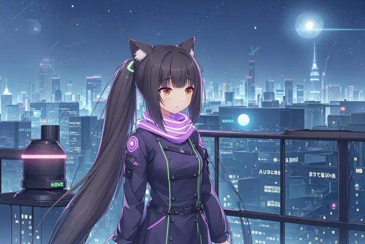 <lora:super-choko-Gnsurh-v2:0.75>,(catgirl_Chocolate:1.3), (brown_long_twintails:1.4), (brown_eyes:1.2), (urban_night_setting:1.3), (modern_casual_attire:1.1), (neon_lights_reflection:1.4), (rooftop_view:1.5), (cityscape_background:1.3), (moonlit_night:1.4), (depth_of_field:1.2), (Unreal_Engine_5:1.3), (8k_resolution:1.5), (intrigued_expression:1.2), (looking_at_distant_city_lights:1.1), (beauty_of_urban_night:1.3), (adventurous_mood:1.2), (trending_on_ArtStation:1.1), (wallpaper_material:1.4), (game_CG_art:1.3), (season_autumn:1.2), (weather_crisp_and_clear:1.3), (time_of_day_midnight:1.4), (perspective_three_quarter_with_cityscape:1.3), (action_holding_a_glowing_orb:1.2), (distant_skyscrapers:1.1), (background_elements_flying_drones:1.1), (foreground_elements_glowing_neon_signs:1.4), (light_direction_moon_and_neon:1.3), (stylistic_elements_cyberpunk_and_fantasy:1.2), (implied_music_electronic_and_mystical:0.5), (mood_mysterious_and_curious:1.2), (special_effects_neon_glow_and_mystical_orb:1.3), (physical_effects_hair_and_scarf_flowing:1.1), (cultural_elements_futuristic_city:0.8), (props_holographic_tablet_and_glowing_orb:0.7), (stylistic_features_sharp_and_vibrant:1.4), (light_intensity_mixed_cool_and_warm:1.3), (color_tone_blue_and_purple_hues:1.2)