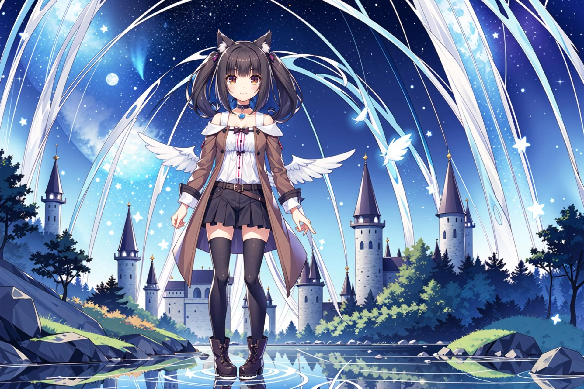 <lora:super-choko-Gnsurh-v2:0.7>,(1girl:1.3),solo,cat ears,animal ears,black hair,catgirl_Chocolate, twintails, brown_long_twintails, hazel_eyes, looking_at_viewer, leather_jacket, combat_boots, ripped_jeans, choker, confident_pose, smirking_expression, streetwise_attitude, dazzling_colors, magical_ambience, arcane_elements, landscape_artistry, light_artistry, awe_inspiring, bright_spots, chiaroscuro_effect, floating_islands, mystical_waterfalls, ancient_runestones, glowing_flora, ethereal_clouds, shimmering_lakes, whimsical_creatures, crystal_formations, magical_auroras, swirling_portals, enchanted_forests, mystical_castles, floating_magic_orbs, sparkling_dust, mysterious_caves, translucent_wings_of_creatures, moonlit_night, starlit_sky, reflective_surfaces, hovering_spellbooks, glistening_rivers, magical_bridges, luminous_mushrooms, whispering_winds, enchanted_animals, mystical_moon_phases, celestial_patterns, sorcerer_shadows, twinkling_star_paths