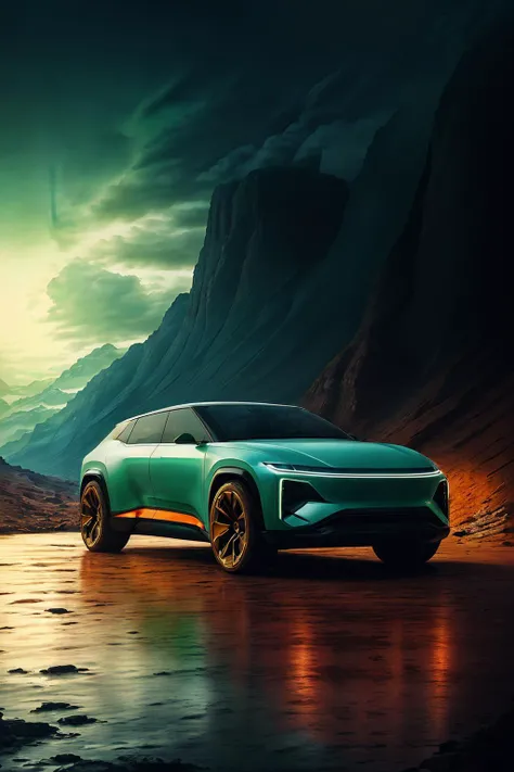 ((1 car)),rockless road,((night)),alien geomorphology,wilderness of mars,(RAW photo, best quality),(realistic, photo-realistic:1.3),masterpiece,The weather is shrouded in dark clouds,car parked on the side of a road,possibly near a bridge. The car is positioned close to the water,creating a picturesque scene,vivid colors,color background,cgi,c4d,red,blue,green,yellow,