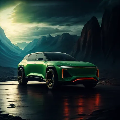 ((1 car)),rockless road,((night)),alien geomorphology,wilderness of mars,(RAW photo, best quality),(realistic, photo-realistic:1.3),masterpiece,The weather is shrouded in dark clouds,car parked on the side of a road,possibly near a bridge. The car is positioned close to the water,creating a picturesque scene,vivid colors,color background,cgi,c4d,red,blue,green,yellow,