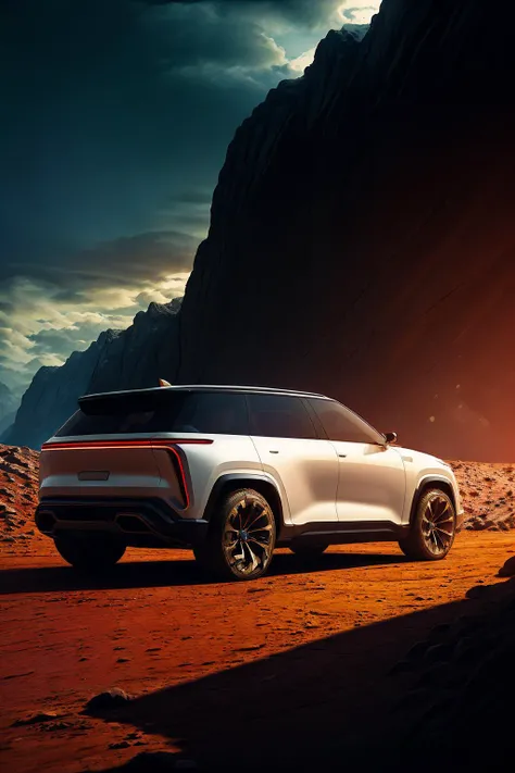 ((1 car)),rockless road,((night)),alien geomorphology,wilderness of mars,(RAW photo, best quality),(realistic, photo-realistic:1.3),masterpiece,The weather is shrouded in dark clouds,car parked on the side of a road,possibly near a bridge. The car is positioned close to the water,creating a picturesque scene,vivid colors,color background,cgi,c4d,red,blue,green,yellow,