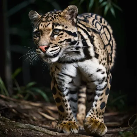 adult (clouded leopard) walking, neofelis nebulosa, approaching towards the camera, walking, stalking, low profile, chasing, prey, looking up, front shot, detailed light brown fur of clouded leopard, yellow eyes, slit pupils, plain white background:1.2, 
[photography,  best quality, high quality, detailed, intricate, beautiful photo, high res, masterpiece, award winning, wildlife photography], <lora:neofelisv1:0.8> <lora:LowRA:0.1> <lora:epi_noiseoffset2:0.1> dark theme, dark studio, rim lighting, two tone lighting, dimly lit, low key