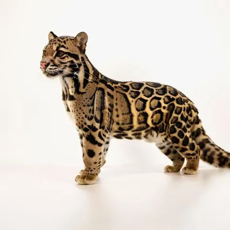 photo of a young (clouded leopard), neofelis, front shot, full body, front view, plain white background, best quality, detailed, <lora:neofelisv1:1>