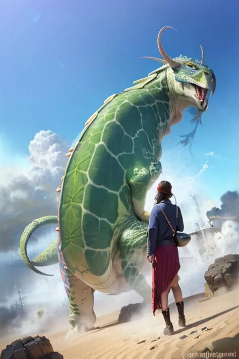 fantasy art, (ultimate quality, masterpiece, highres:1.0), (photorealistic, realistic:1), 
[tiger:0.3|dragon:2|turtle], CONCEPT_Oversized_Animal_ownwaifu, 1girl, outdoors, cloud, standing, sky, from behind, day, oversized animal,
 <lora:CONCEPT_Oversized_Animal_ownwaifu:1>