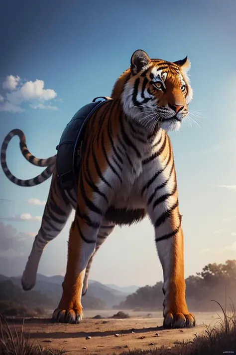 fantasy art, (ultimate quality, masterpiece, highres:1.0), (photorealistic, realistic:1), 
[tiger:0.3|dragon:2|turtle], CONCEPT_Oversized_Animal_ownwaifu, 1girl, outdoors, cloud, standing, sky, from behind, day, oversized animal,
 <lora:CONCEPT_Oversized_Animal_ownwaifu:0>