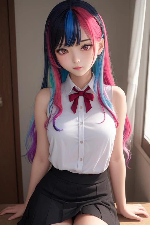 masterpiece,best quality,1girl,bishoujo,collared_shirt,sleeveless_shirt,microskirt,long hair,multicolored hair,red eyes,