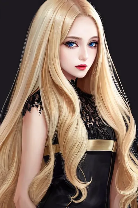 a woman with long blonde hair posing for a picture with a black background and a black background behind her, raw photo,8k,realistic skin details,realistic hair details,makeup,eyeliner,lipstick,light (freckles:0.3)