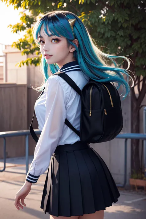 masterpiece, best quality, highres, photorealistic, intricate and beautiful, 1girl, solo, smiling, Lum, lumlum, horns, light smile, (shiny golden eyes:1.4), shine iridescent heir, emerald green hair, nice hands, perfect hands, white sailor scarf, (black uniform, black sailor uniform, black knee length skirt, black pleated skirt:1.4), holding schoolbag in hand, colorful, dynamic angle, fashion photography, cowboy shot, body focus, looking at viewer, (floating in the air:1.4), schoolyard under trees, in summer, at sunset, thigh high, color graded portrait, remarkable color, ultra realistic, textured skin, remarkable detailed pupils, realistic dull skin noise, visible skin detail, skin fuzz, dry skin, from Behind, dynamic Pose, <lora:lum4:1> <lyco:GoodHands-vanilla:1> OverallDetail