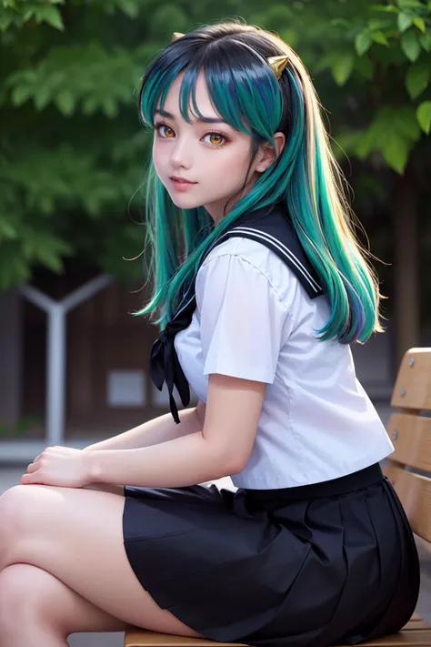 masterpiece, best quality, highres, photorealistic, intricate and beautiful, 1girl, solo, Lum, lumlum, horns, (light smiling:1.2), (shiny golden eyes:1.6), shine iridescent heir, emerald green hair, nice hands, perfect hands, white sailor scarf, (black uniform, black sailor uniform, japanese sailor uniform, black knee length skirt, black pleated skirt:1.4), put the schoolbag on lap, colorful, dynamic angle, fashion photography, body focus, looking at viewer, schoolyard under trees, in summer, at sunset, thigh high, color graded portrait, remarkable color, ultra realistic, textured skin, remarkable detailed pupils, realistic dull skin noise, visible skin detail, skin fuzz, dry skin, sitting on bench, (from side:1.5), dynamic Pose, <lora:lum4:1> <lyco:GoodHands-vanilla:1> OverallDetail