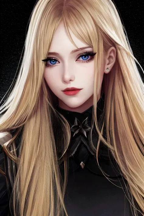 a woman with long blonde hair posing for a picture with a black background and a black background behind her, raw photo,8k,realistic skin details,realistic hair details,makeup,eyeliner,lipstick,light (freckles:0.3)