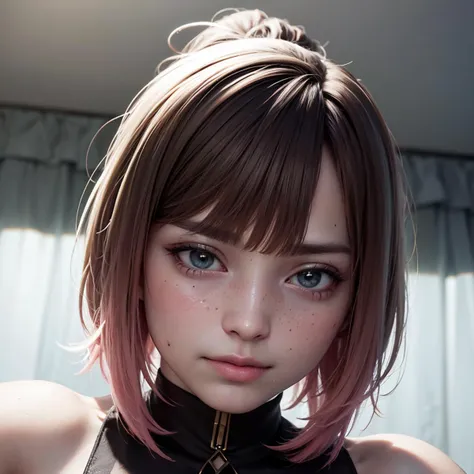highres, masterpiece, perfect lighting, bloom, cinematic lighting, adult, female, looking at viewer, (RSEEmma:1.5),<lora:RSERomantic_RSESofiko_RSEEmma-v1:0.3>, side-swept bangs, black hair, pink IncursioDipDyedHair, messy mid ponytail, green eyes, thick eyebrows, freckles, <lora:DipDyedHair:1>